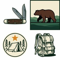 Fototapeta premium Camping gear and wildlife illustration set for outdoor adventures.