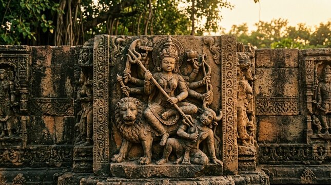 Ancient Stone Bas-Relief Sculpture of Hindu Goddess Durga
