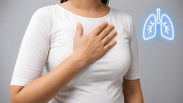 Woman touching chest with glowing heart icon highlighting acute cardiovascular pain cardiac disease and heart care concept
