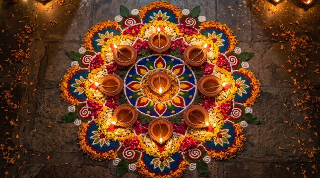 Colorful floral rangoli pattern with lit oil lamps for diwali
