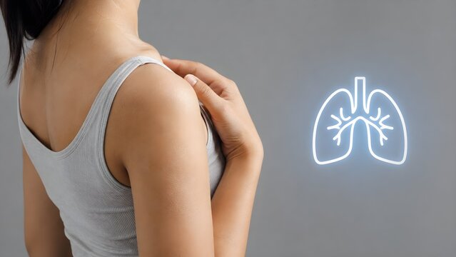 Woman holding shoulder and chest with glowing lungs line art icon depicting respiratory disease asthma pulmonary healthcare concept

