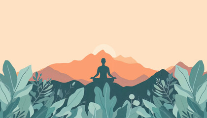 Fototapeta premium Meditating silhouette surrounded by colorful mountain landscape at sunrise, creating a peaceful atmosphere for wellness, relaxation, mindfulness, and emotional balance concepts.