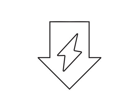 Linear downward arrow symbol containing a lightning bolt icon with line art energy saving energy efficiency power grid