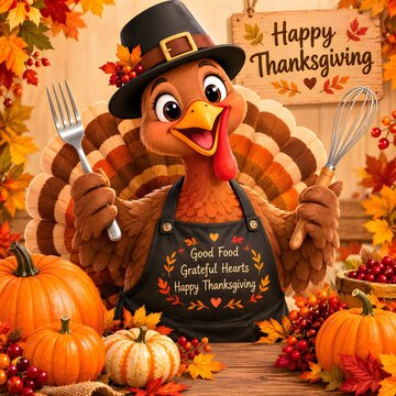 Cartoon turkey in pilgrim hat celebrating thanksgiving with fork and pumpkin