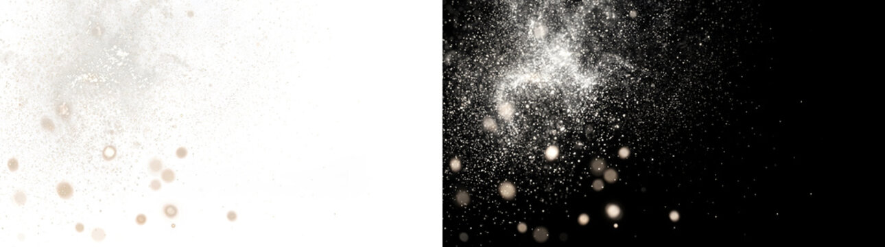 Sparkle cloud of white dust and warm bokeh lights in the corner for overlays in PNG, Transparent and Black Background Versions