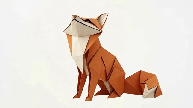 Orange and white paper origami fox isolated on a white background