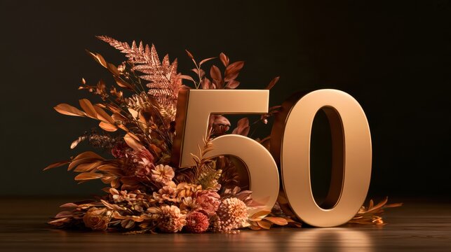 A golden number 50 sits among flowers in a warm light setting, creating an elegant display for an anniversary gala event at night.