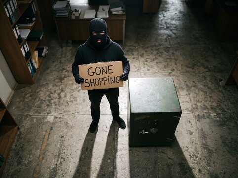 Anonymous person holding gone shopping sign next to metal vault in room