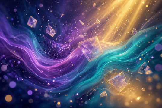 Abstract fantasy background with glowing purple and turquoise cosmic waves, floating crystal cubes and golden light beams. Generative AI artistic backdrop for magic or gaming concept.