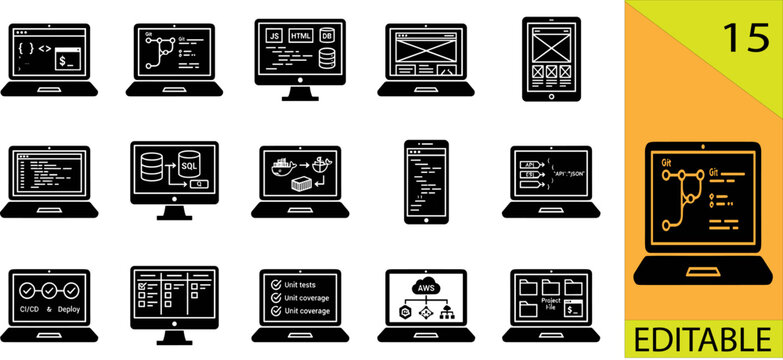 Black developer programming icon set laptop code database docker git sql cloud ws api editable vector illustration design collection