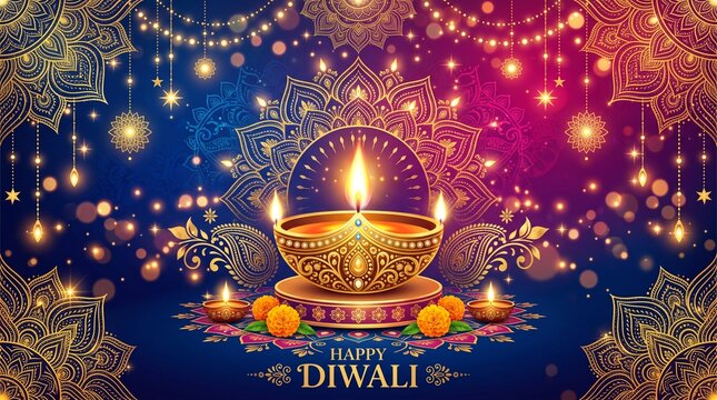 Happy diwali greeting card with glowing diya lamp and floral mandala