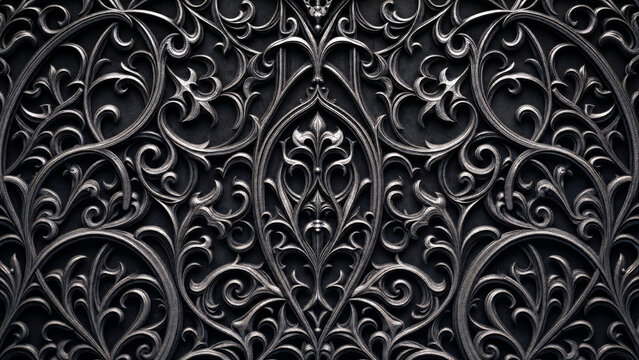 Ornate silver filigree scrollwork on dark metal background panel