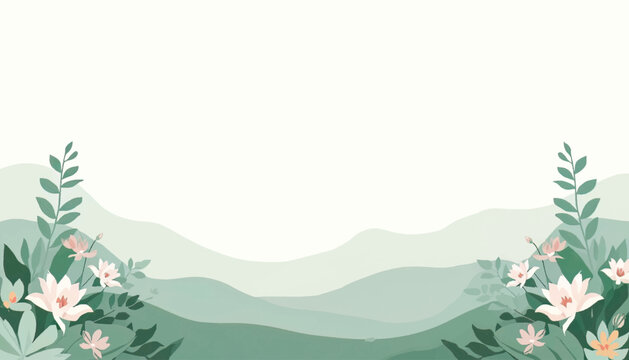 Peaceful lotus botanical illustration with green hills, flowers, and natural scenery. Suitable for wellness branding, meditation themes, spa designs, nature backgrounds, and calming visual projects.