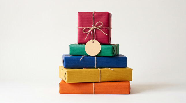 Gift boxes stacked neatly in vibrant colors stand against a plain neutral background.