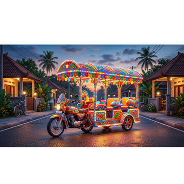 Colorful Illuminated Children&rsquo;s Carousel Rickshaw on a Tropical Village Street at Sunset