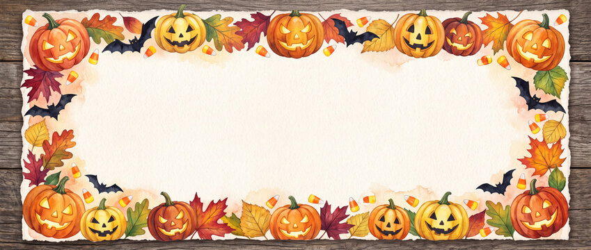 Halloween banner border with pumpkins bats and fall leaves on wood