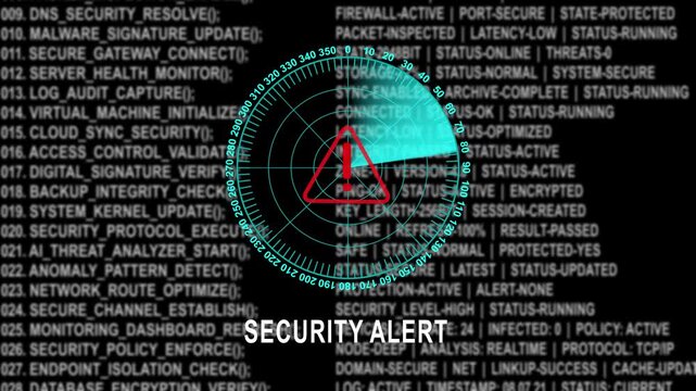 Critical cybersecurity warning system displaying real-time threat detection radar scanner overlapping running software code lines and vulnerability status protocol updates on black background