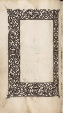 Renaissance engraved page border with grotesque faces