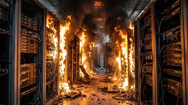 Server room computer racks burning with intense fire and dark smoke