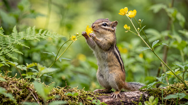 Tiny chipmunk standing upright on mossy log holding yellow flower