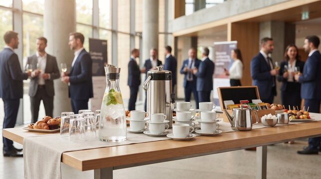 Beverage and coffee station with infused water at a business networking event