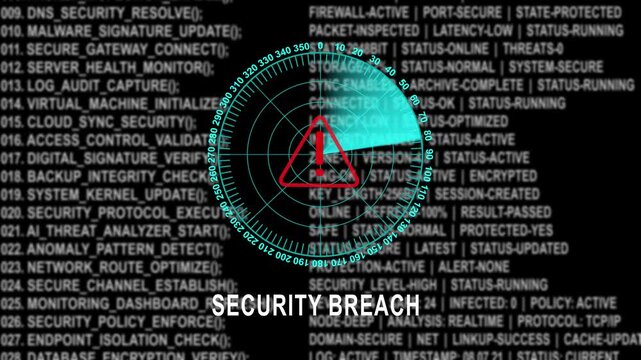 Critical cybersecurity breach alert radar scanning over sensitive source code lines and system status diagnostic readouts demonstrating advanced digital threat detection and information technology