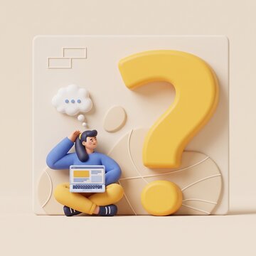 Creative Decision Making Concept 3D Female Character Pondering Choice with Laptop and Thought Bubble