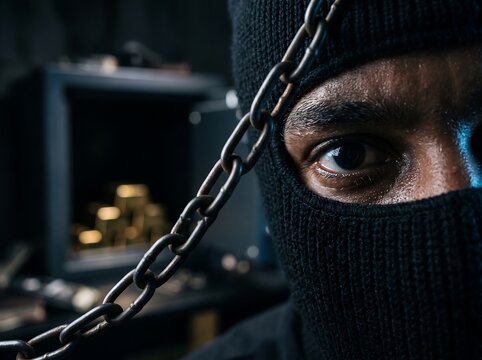 Close up of a man wearing a black mask with iron chains and golden bars