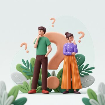 Creative Decision Making Concept 3D Couple Pondering Choice with Question Marks and Plants