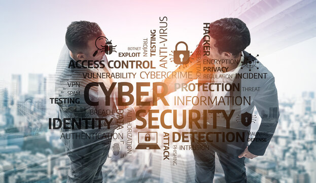 Two business professionals engage in a discussion about cyber security while surrounded by digital concepts and threat representations in a modern office environment. Tessel