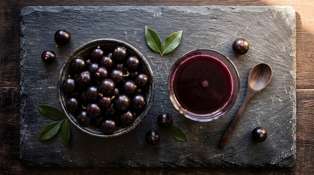 Jaboticaba berries in bowl with glass of juice on slate