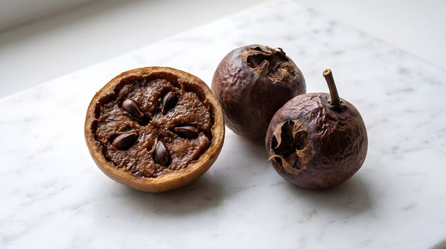 Sliced medlar fruit beside two whole medlars on white marble