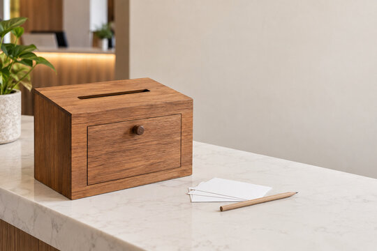 Wooden Customer Feedback Box with Blank Cards and Pencil