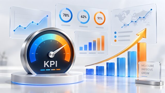 3D business performance dashboard featuring a KPI speedometer gauge at maximum level alongside growing bar charts and an upward golden arrow for analytics