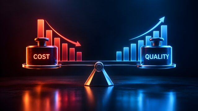 Tipping balance scale demonstrating decreasing cost and increasing quality with glowing 3D charts in neon red and blue on a dark background