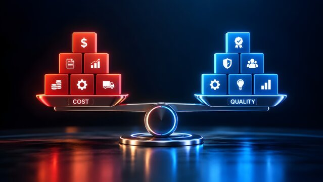 3D balanced scale weighing cost versus quality represented by glowing red and blue cubes with business strategy icons on a dark reflective surface