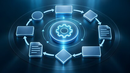 Naklejka na ściany i meble Glowing neon blue 3D circular workflow diagram featuring central gear and document nodes representing an automated continuous business process lifecycle