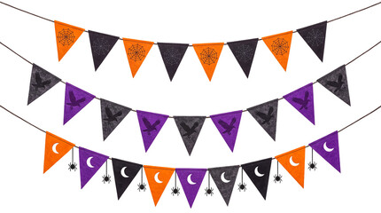 Three strings of Halloween bunting flags with spiders and moons © Sharon