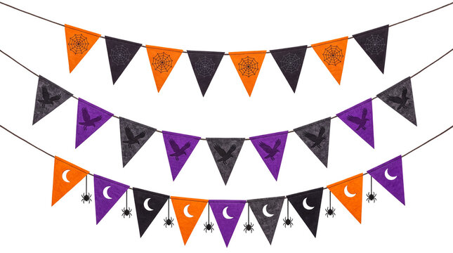 Three strings of Halloween bunting flags with spiders and moons