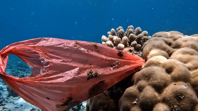 Plastic Pollution in Coral Reef: A bright red plastic bag drifts through a vibrant coral reef, highlighting the devastating impact of pollution on marine ecosystems.