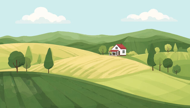 Green agricultural landscape featuring farmland, rolling hills, trees and a countryside house. Perfect for farming promotion, environmental design, rural tourism, sustainable agriculture and nature
