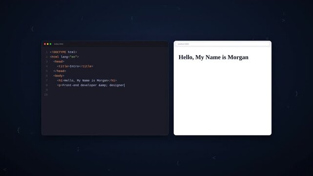 Side-by-Side Dark Code Editor Showing HTML Syntax and Live Browser Portfolio Website Preview. Front-End Web Development, Web Design, and Programming Concept.