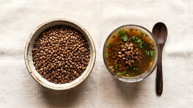 Bowl of roasted horse gram and glass of soup on cream linen