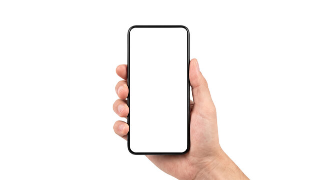 Hand Holding Smartphone with Blank Screen Mockup Isolated on Transparent Background for Mobile App Presentation