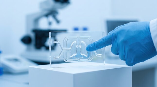 Scientist in Lab Holding Microfluidic Lung on a Chip Organ Device for Biomedical Testing