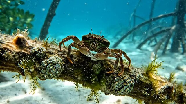 Crab in Mangrove Ecosystem: A close-up shot of a crab perched on a submerged branch, surrounded by the unique underwater environment of a mangrove forest.