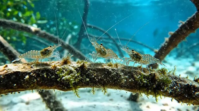 Shrimp on a Mangrove Root: Three translucent shrimp perch on a moss-covered mangrove root submerged in clear blue water, showcasing the vibrant underwater ecosystem.