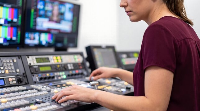 A woman operating a video production switcher in a television studio, with monitors displaying colorful test patterns in the background.