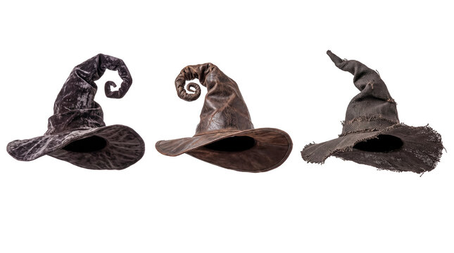 Three old spooky witch hats for Halloween costume or decoration