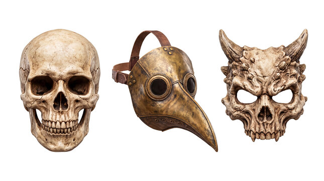 Human skull, plague doctor and demon skull masks on transparent
